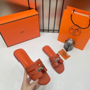 Hermes Paris Oran Flats With OG Box & Carry Bag H38-41 Orange Slide For Women (BSF402)