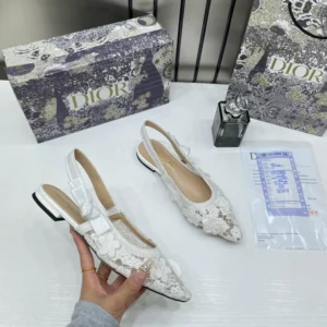 Christian Dior J'Adior Slingback Transparent Mesh White Dior Embroidery Flat with OG Box, Dust Bag & Carry Bag For Women (BSF403)
