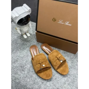 Loro Piana Summer Charms Grey Suede Flat Slides for Her with OG Box Brown For Women (BSF407)