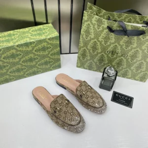 Gucci Prince Town Horsebit Khakhi Sparkle Loafers Mule For Women (LAB800)